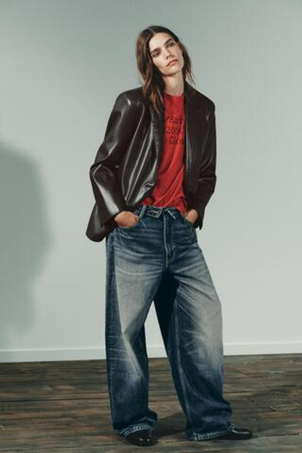 ZARA ПРЯМОЙ БЛЕЙЗЕР ИЗ ИСКУССТВЕННОЙ КОЖИ, ШОКОЛАДНЫЙ