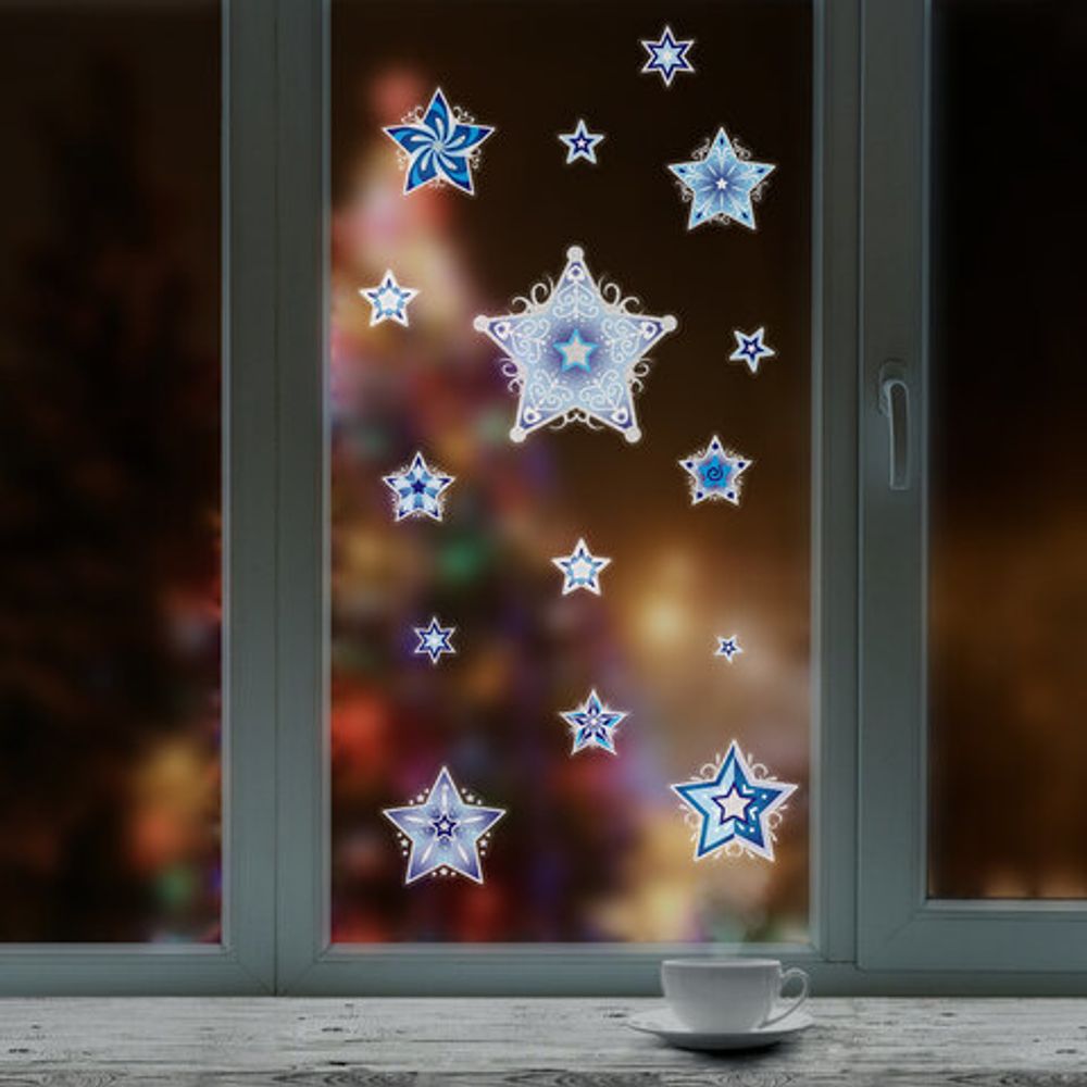 Украшение для окон и стекла ЗОЛОТАЯ СКАЗКА "Синие снежинки 3", 30х38 см, ПВХ, 591205