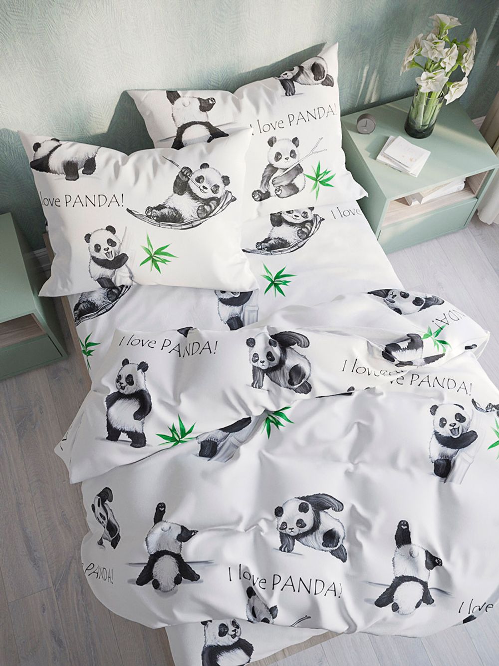 Простынь на резинке перкаль Сказка "Панды" 140x200 см