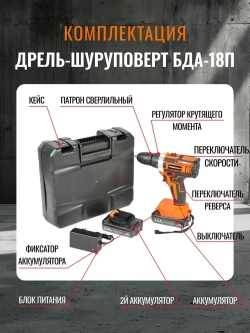Дрель аккумуляторная СПЕЦ ПРОМО БДА-18-П ( 18В, 2АКБ х 2Ач)
