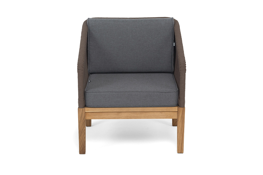 "Канны" кресло плетеное из роупа, основание дуб, роуп коричневый круглый, ткань темно-серая 027