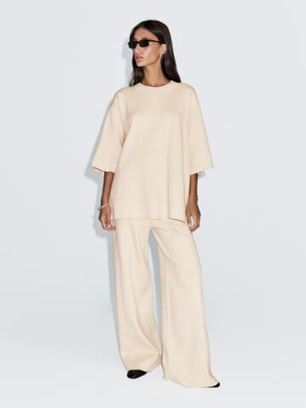Massimo Dutti Широкие трикотажные брюки с декоративными швами, бежевый