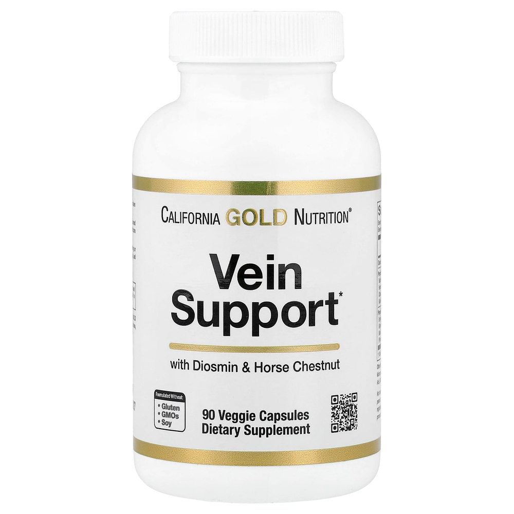 California Gold Nutrition, добавка для поддержки вен с диосмином, иглицей колючей, конским каштаном, биофлавоноидами и ферментами, 90 растительных капсул