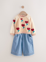 Свитер и джинсы широкие в комплекте для девочки Next E25-171, Светло-желтый, Синий