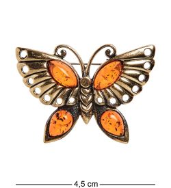 AM-2537 Брошь «Бабочка Бусинка» (латунь, янтарь)