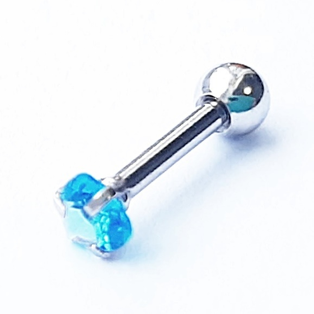 Микроштанга Сердце 6 мм для пирсинга уха с голубым цирконом. Медицинская сталь. 1шт.