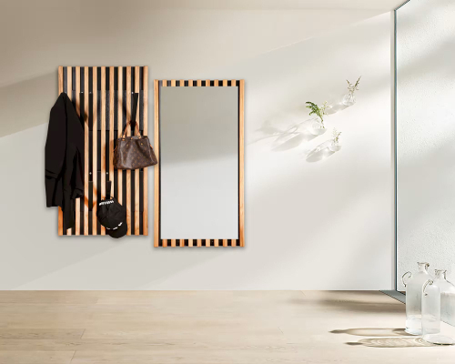 Зеркало настенное прямоугольное Пиафорте Нигелла 1196х631 мм с деревянной рамой / зеркало в прихожую из массива дикого дуба и черного ДСП в стиле лофт