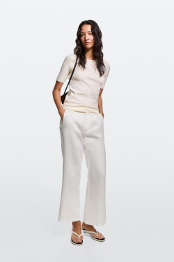 Massimo Dutti Укороченные льняные брюки клеш, белый