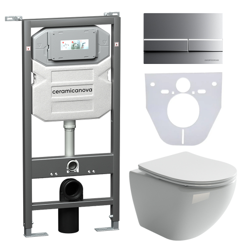 Комплект подвесной безободковый унитаз Ceramica Nova Metropol Rimless CN4002 с микролифтом + система инсталляции Envision CN1002M с кнопкой смыва Flat хром матовый и шумоизоляционной панелью
