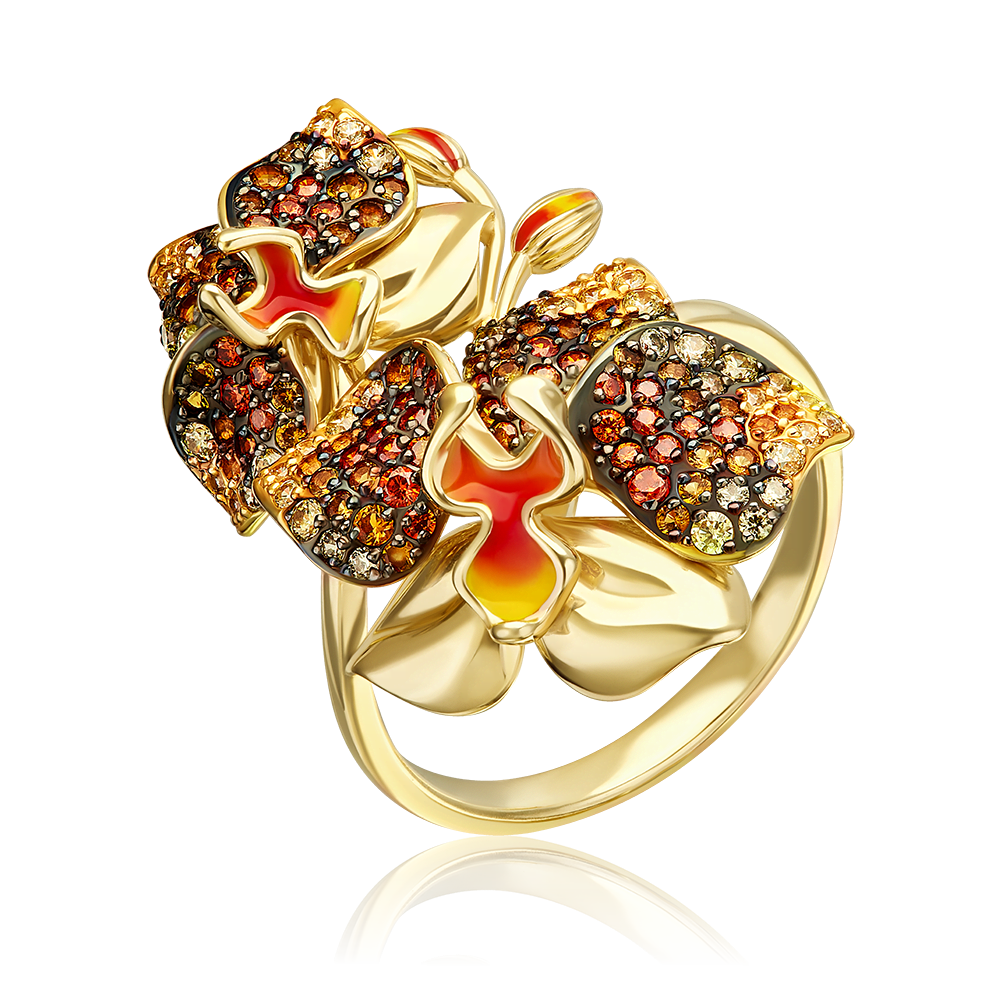 Кольцо «Орхидея» из лимонного золота с фианитами и эмалью