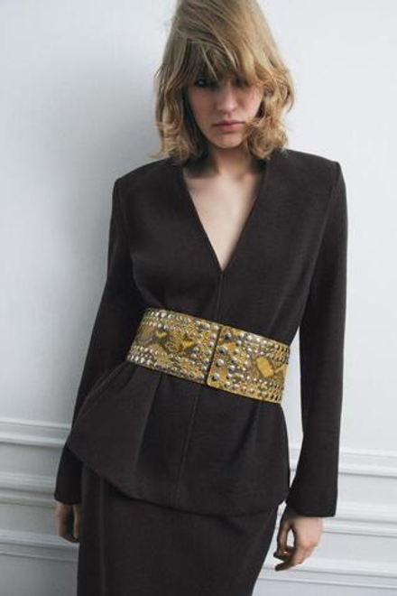 ZARA КОЖАНЫЙ РЕМЕНЬ-КОРСЕТ С АНИМАЛИСТИЧЕСКИМ УЗОРОМ И ЗАКЛЕПКАМИ, ЖЕЛТЫЙ