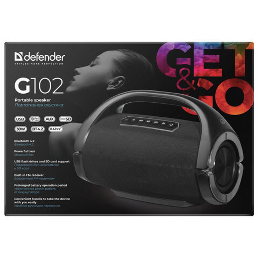 Колонка портативная DEFENDER G102, 2.0, 30 Вт, Bluetooth, FM-тюнер, USB, microUSB, черная, 65690