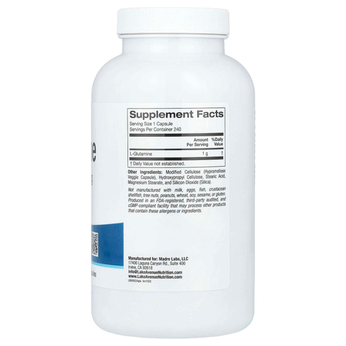 Lake Avenue Nutrition, L-глютамин, 1000 мг, 240 растительных капсул