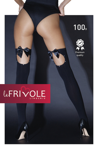 Чулки Le Frivole с бантиками и стразами сзади черные S/M