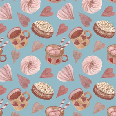 Кофе в кружках с маршмеллоу, торт и сердечки