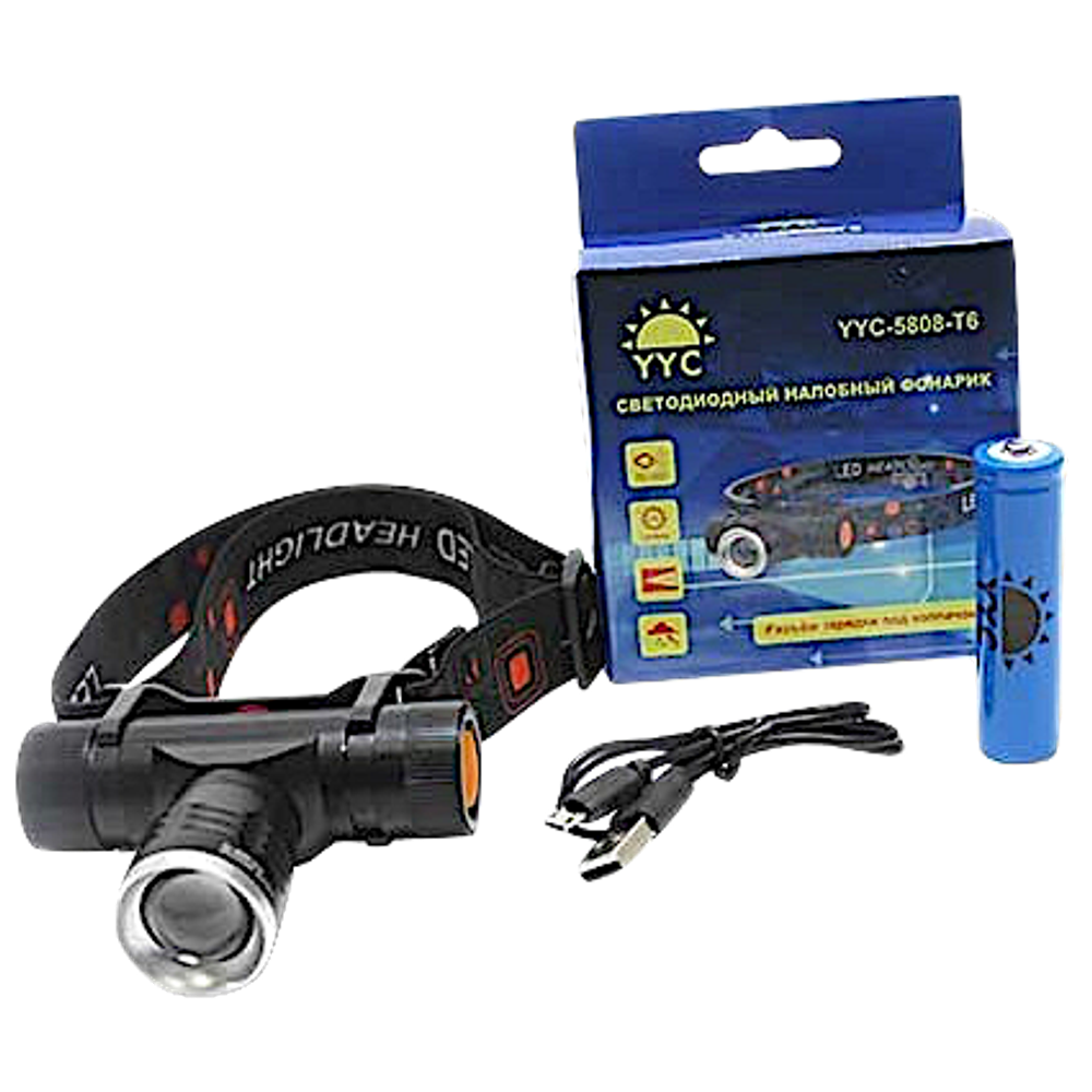 Фонарь Налобный YYC-5808-T6 / HT-560-1 Съёмный c Зумом 3 режима 1х18650 Cree T6 micro USB