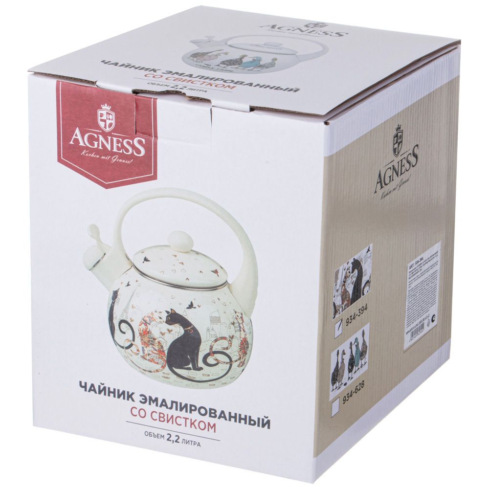 ЧАЙНИК AGNESS ЭМАЛИРОВАННЫЙ СО СВИСТКОМ, СЕРИЯ "ПАРИЖСКИЕ КОТЫ" 2,2Л, ИНДУКЦИОННОЕ ДНО