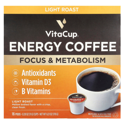 VitaCup, Energy Coffee, легкая обжарка, 16 чашек по 11 г (0,39 унции)