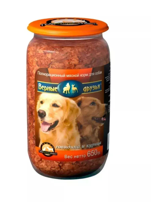 Паштет Верные друзья для взрослых собак, в стеклянной банке, говядина курица, 650 г