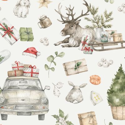 Новогодние подарки, животные, олень, машина, листья