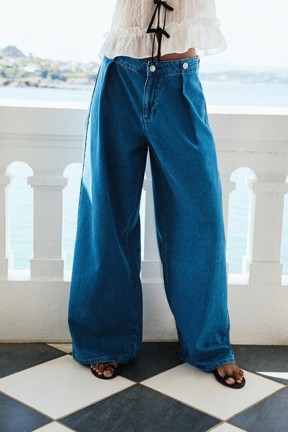 ZARA ДЖИНСЫ Z1975 WIDE-LEG СО СРЕДНЕЙ ПОСАДКОЙ И ЗАЩИПАМИ, ВЫЦВЕТШИЙ СИНИЙ