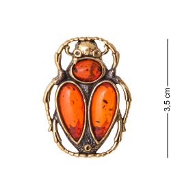 AM-3442 Брошь «Жук Скарабей Солнце» (латунь, янтарь)