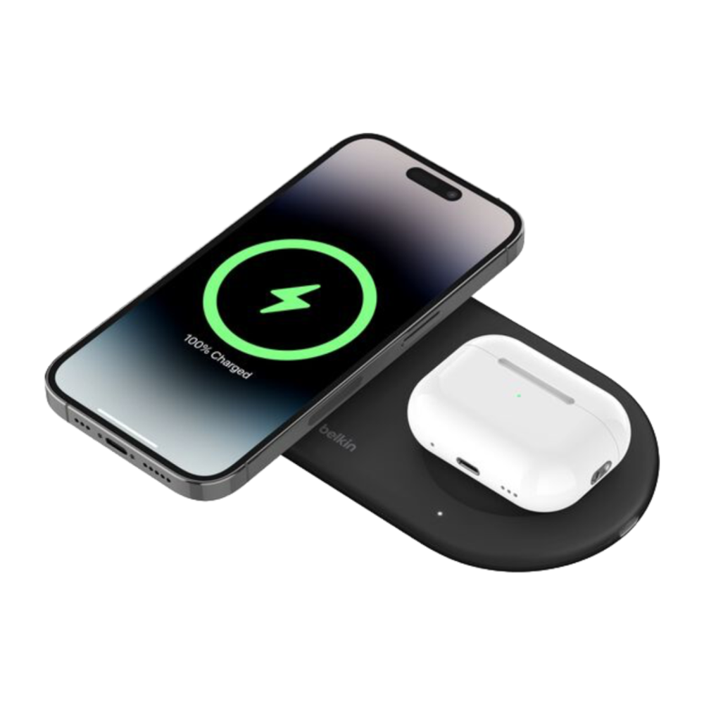 Зарядная станция MagSafe Belkin BoostCharge Pro для iPhone и AirPods (Qi2) (WIZ021) Беспроводная зарядка: Qi 15 Вт, Qi 5 Вт. Проводная зарядка: USB-C (5 Вт). Сертификация Qi2. Есть LED-индикация