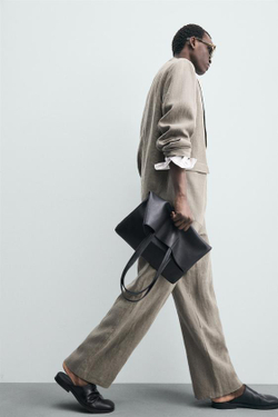 ZARA КОСТЮМНЫЕ БРЮКИ ИЗ 100% ЛЬНА С ЭФФЕКТОМ СТИРКИ, СЕРО-КОРИЧНЕВЫЙ