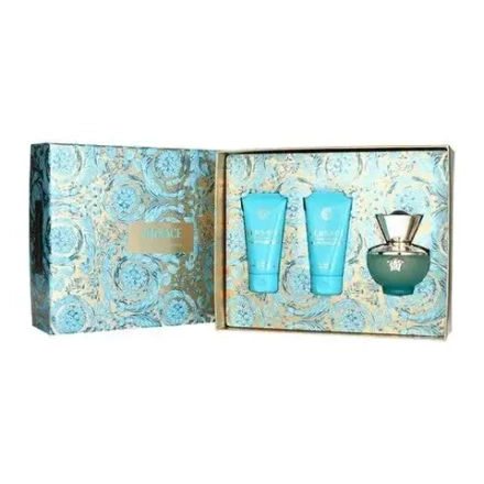 Летний женский аромат Versace Dylan Turquoise Gift Set с фруктово-цветочными нотами и морской свежестью.