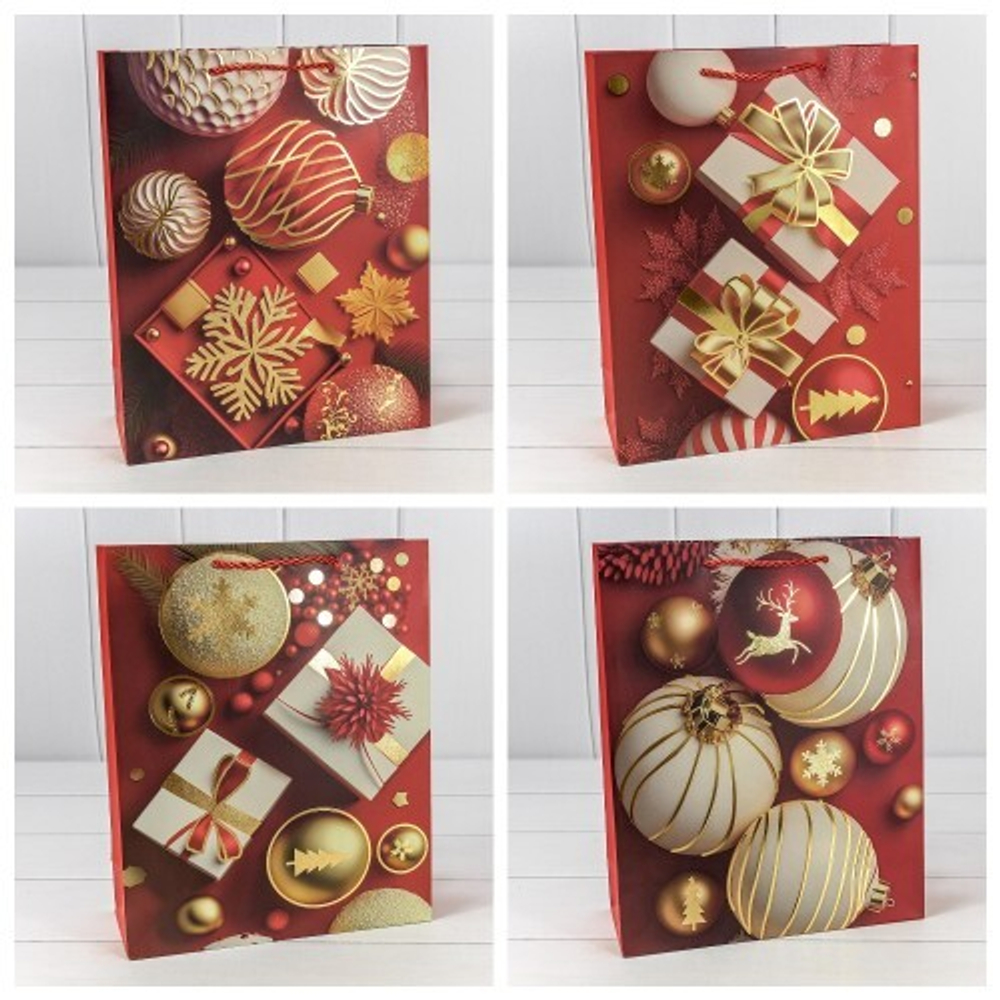 Пакет подарочный 26 х 32 х 10 см Набор 4 шт "Новый год" (Красный)