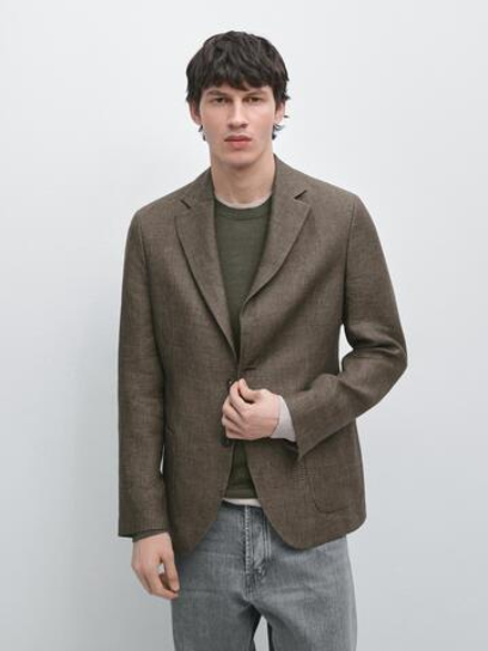 Massimo Dutti Льняной блейзер с карманами, охра