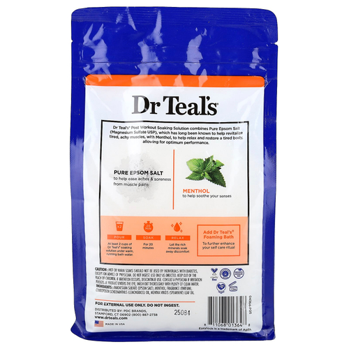 Dr. Teal's, раствор для замачивания с чистой английской солью, до и после тренировки, ментол и эфирные масла, 1,36 кг (3 фунта)