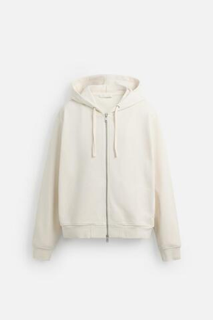 ZARA БАЗОВОЕ ХУДИ НА МОЛНИИ С КАПЮШОНОМ, ЖЕЛТОВАТО-БЕЛЫЙ