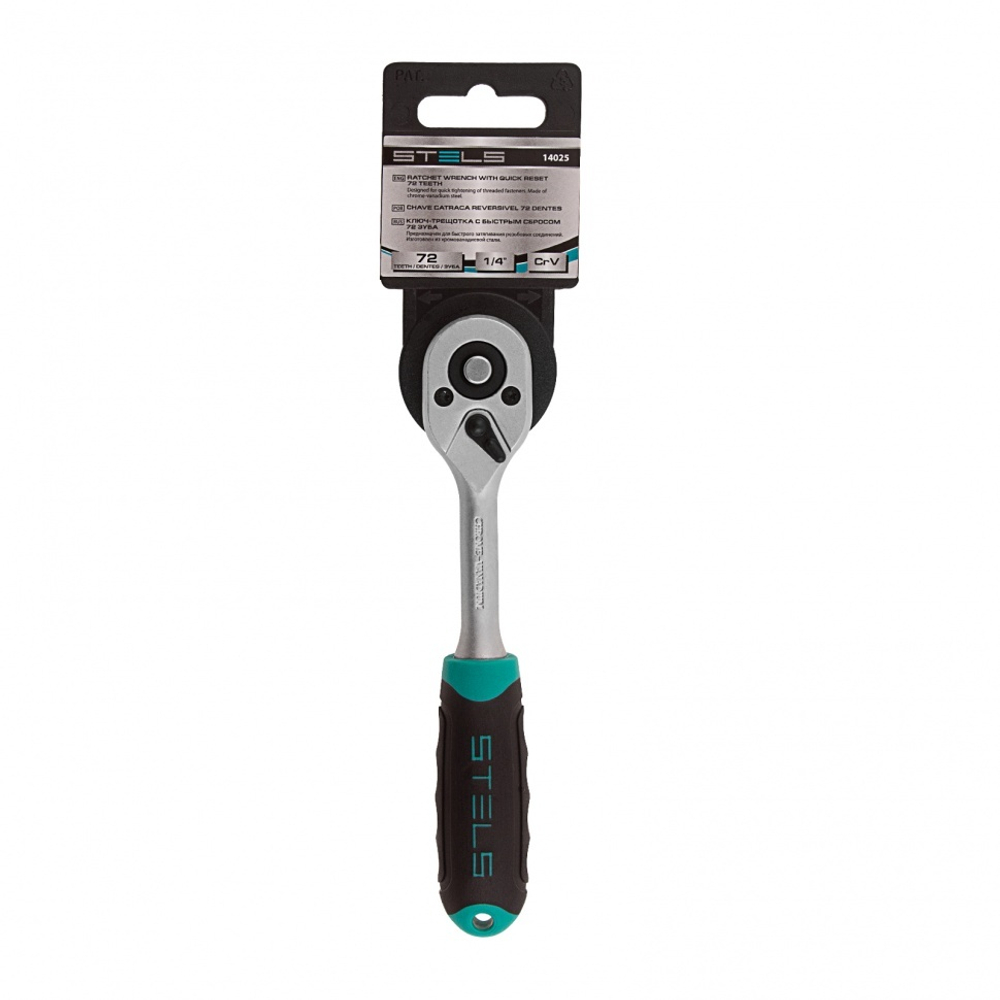 Ключ-трещотка 1/4", CrV, 72 зуба, с быстрым сбросом, матовый хром Stels
