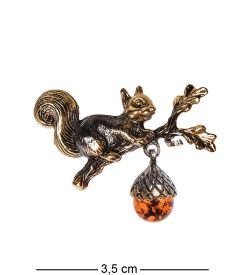 AM-2551 Брошь «Белочка на веточке» (латунь, янтарь)