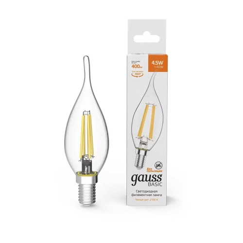 Лампа Gauss LED Filament Basic Свеча на ветру 4,5W Е14 400lm 2700К  1041115