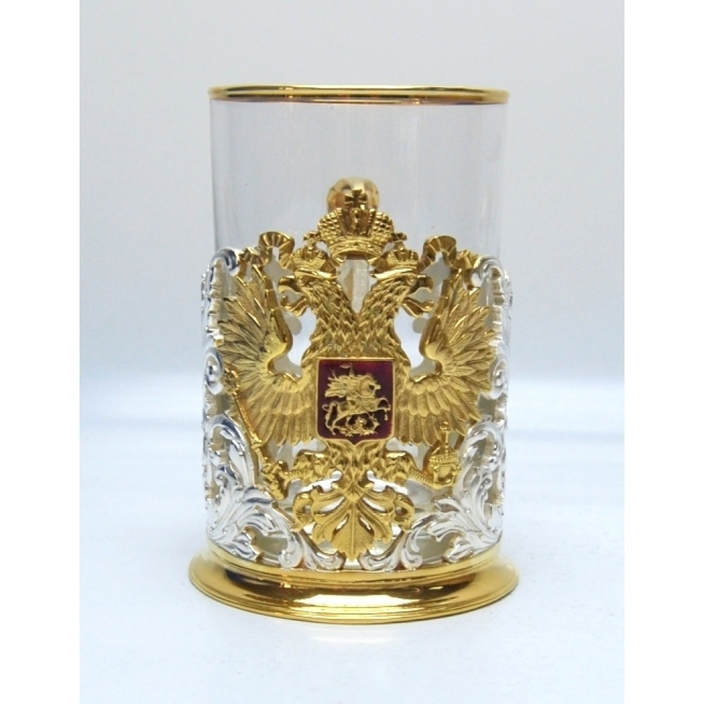 Набор "Подстаканник Герб РФ (золочение, серебрение) с ложечкой"