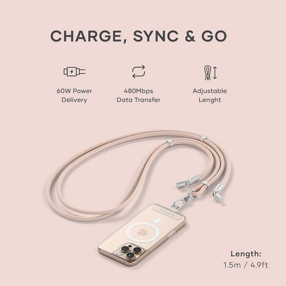 Зарядный кабель/ремень через плечо Satechi OntheGo Crossbody Lanyard Cable 60W 1.5 м (ST-LOTGLR) Desert Rose
