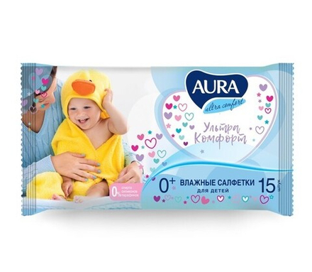 Влажные салфетки Aura Ultra Comfort, детские, 15 шт