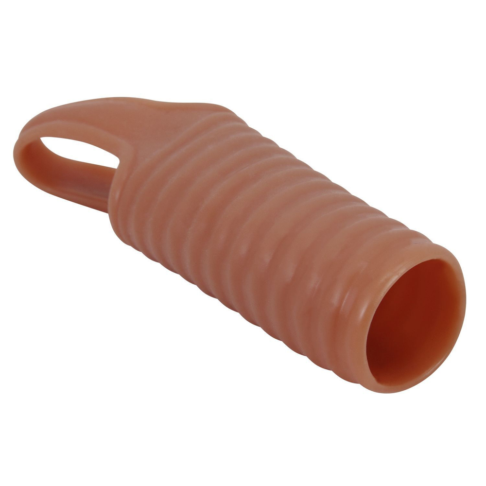 Телесная насадка на пенис с ребрышками и подхватом мошонки (Цвет: телесный)