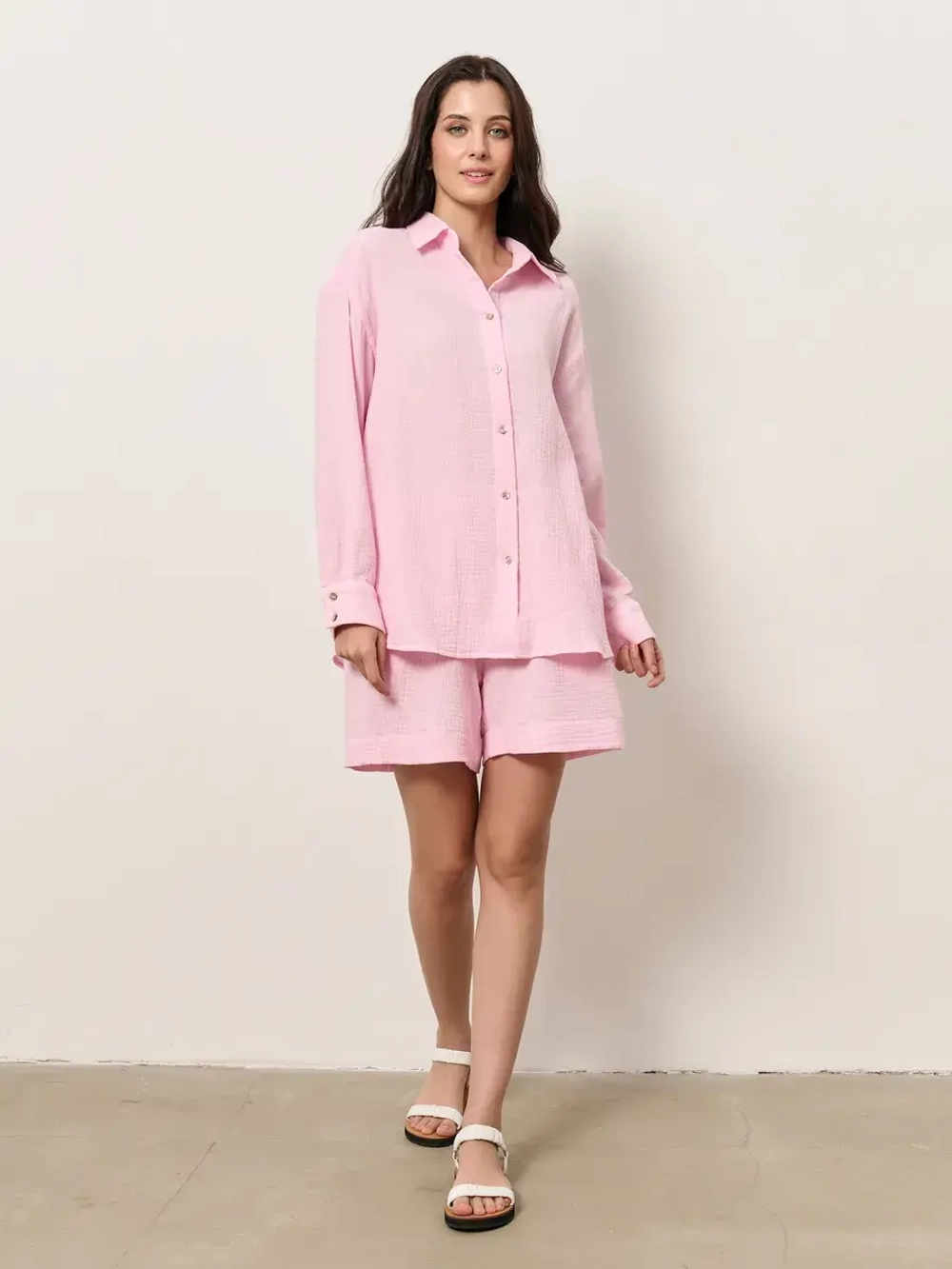 Костюм - пижама с шортами из муслина домашний оверсайз