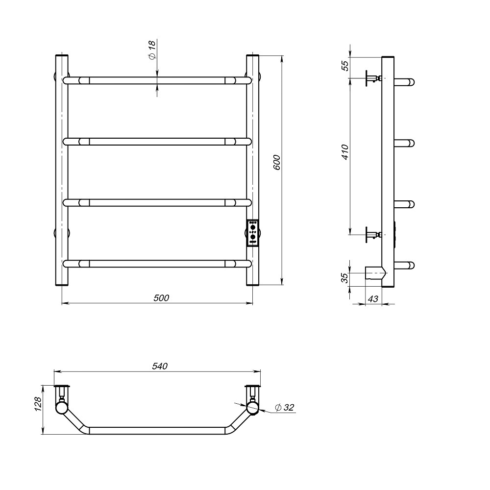 Полотенцесушитель электрический ЛЦ 60х50 4 пер ТРАПЕЦИЯ унив (скрыт подкл, таймер,208 Вт) ТРУГОР