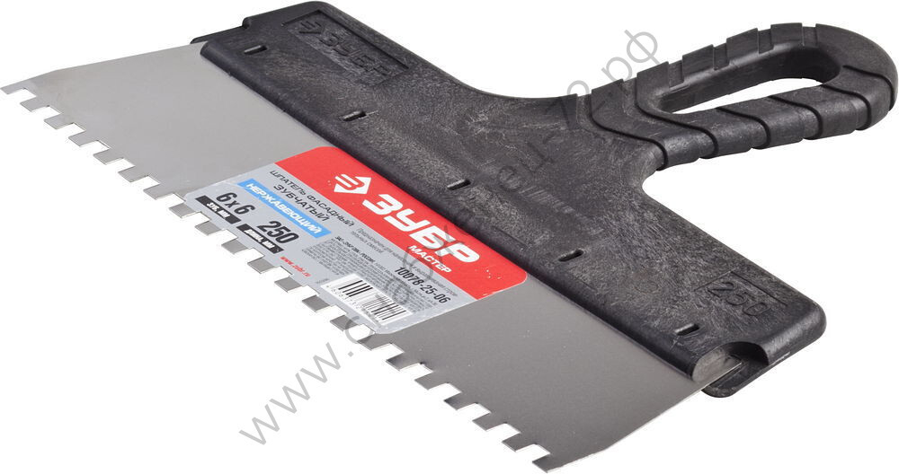 ЗУБР 250 мм, зуб 6х6 мм, зубчатый пластиковая ручка, нержавеющий, Фасадный шпатель, МАСТЕР (10078-25-06)