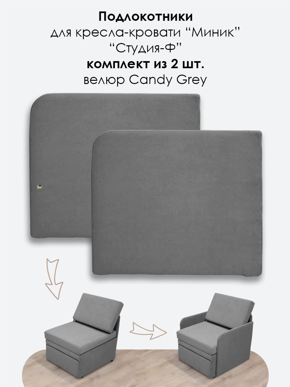 Подлокотники для кресла-кровати Миник, комплект из 2 шт (левый и правый), велюр Candy Grey