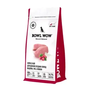 Сухой корм BOWL WOW для щенков средних пород собак с индейкой, рисом и добавлением клюквы