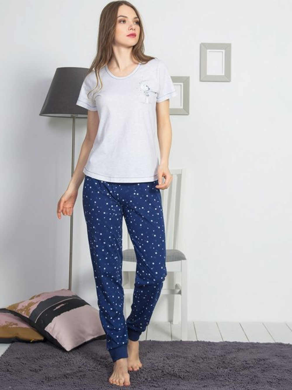 Трикотажный комплект с брюками (Размер: M) (Цвет: серый с синим)