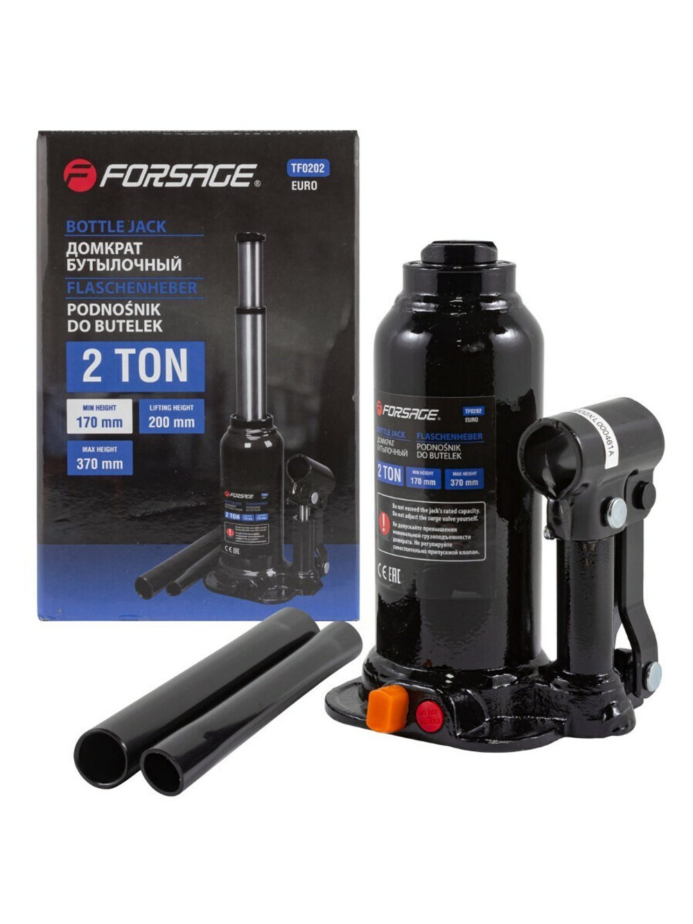 Домкрат бутылочный с двумя штоками, 2т (h min 170мм, h max 370мм) Forsage F-TF0202(BR)(Euro)