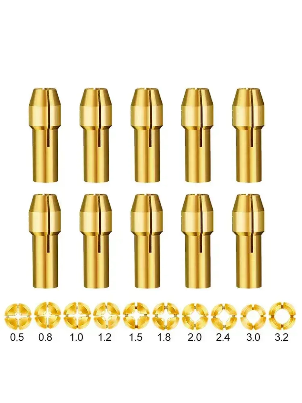 Набор цанговых патронов латунных 0,5-3,2мм, хвостовик 4,3 мм, 10 шт.