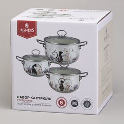 НАБОР КАСТРЮЛЬ ЭМАЛИРОВАННЫЙ, СЕРИЯ "LAVENDER CATS 6ПР. 2,0/2,8/3,8Л ДИА.18/20/22СМ