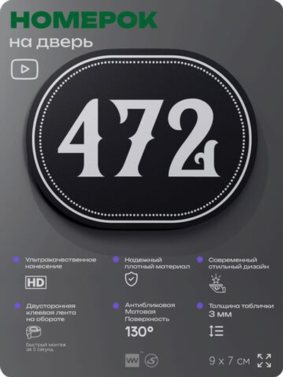 Номерок на дверь квартиры 472, для кабинета, офиса, шильдик 9 х 7 см, черный, Айдентика Технолоджи